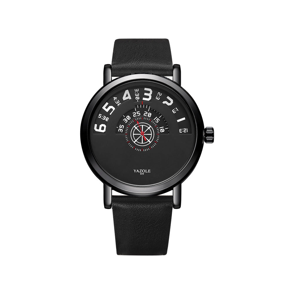 Smart Watch Men's Turntable Waterproof Men's Watch with black leather strap and unique dial design.